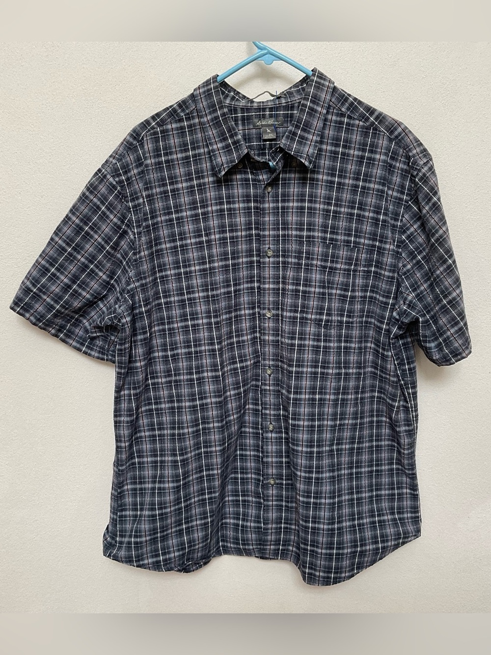 Eddie Bauer Blue Plaid Orange Stripe Short Sleeve Button Down Shirt Size 2XL